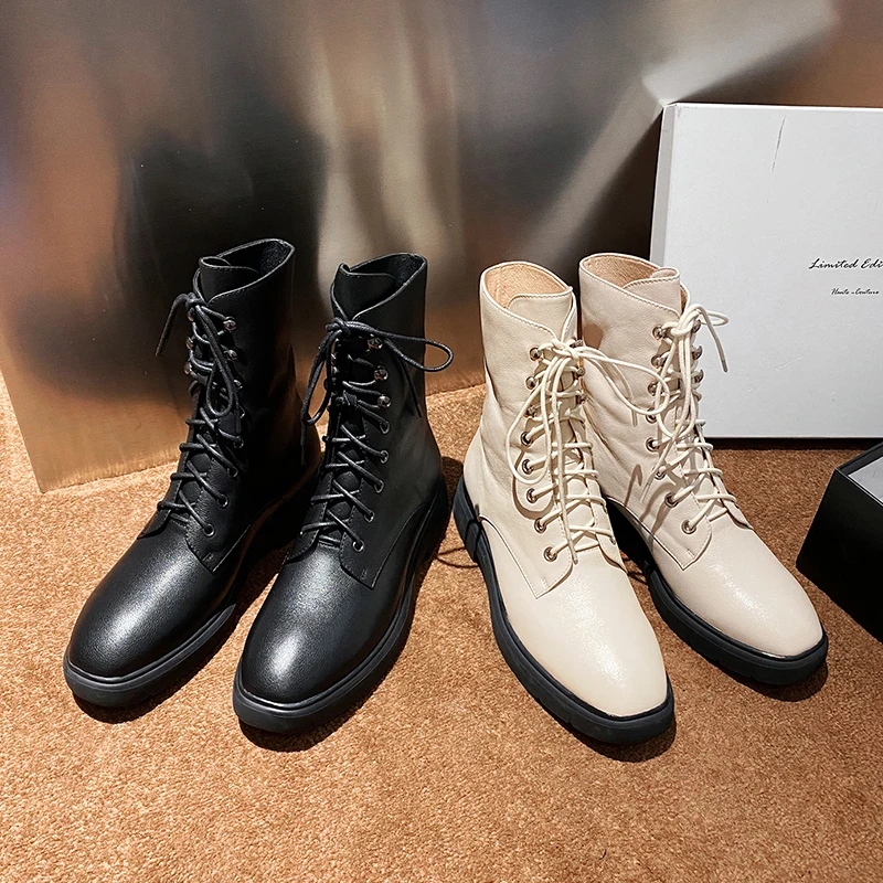 Beli Osunlina 2021 Musim Gugur Handmde Boots Round Toe Renda Kulit Asli Sepatu Bot Untuk Wanita Nyaman Square Sepatu Hak A014