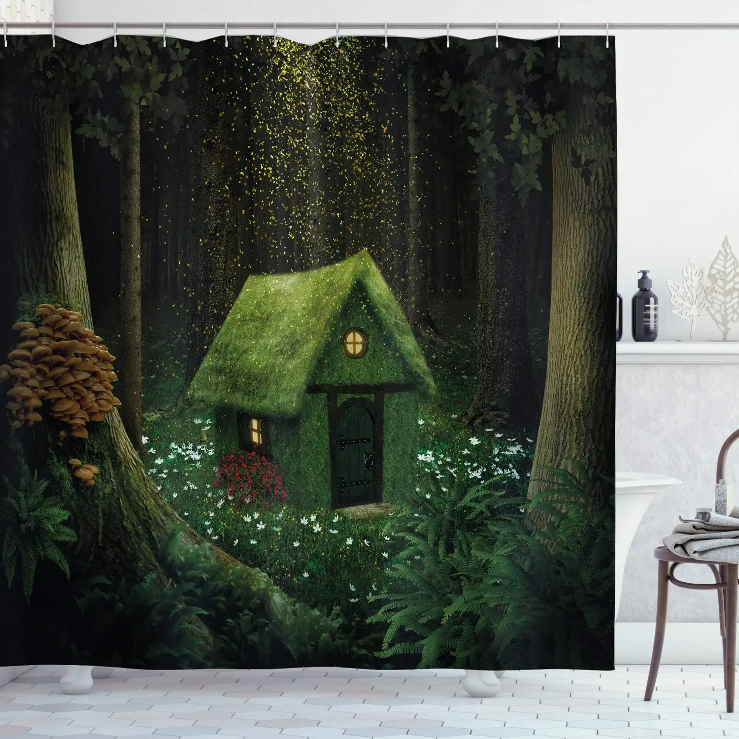 

Fantasy Shower Curtain, Surreal Little Forest House in Moss Enchanted Woodland Elves Design, Cloth Fabric Bathroom Decor Set