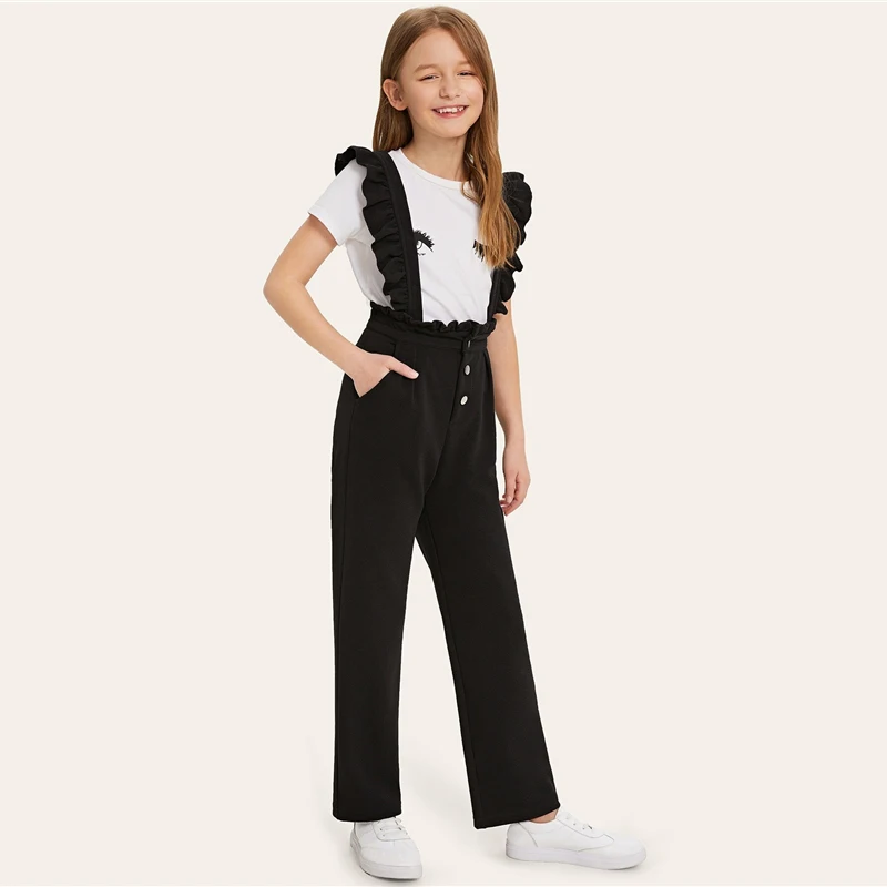 SHEIN Kiddie/черные однотонные брюки на пуговицах, возможность носить с брюками с рюшами на бретелях, детские штаны г., Осенние прямые длинные штаны для подростков