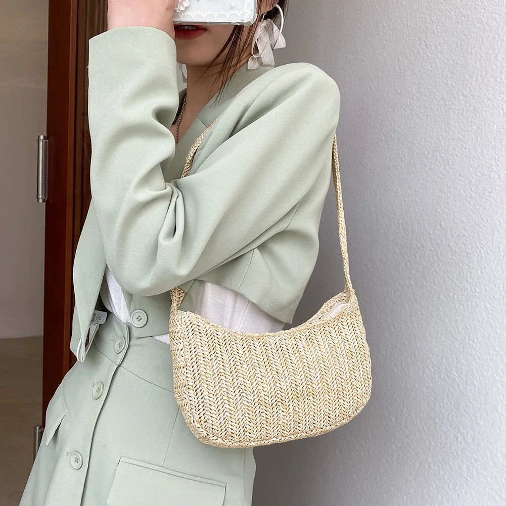 

Fashion Women Bag Summer Beach Shoulder Underarm Vacation Woven Small Handbags All-match Fashion High Street Shopping Bag