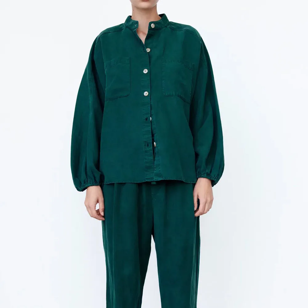 

Za Women 2021 Autumn New Fashion With Pockets Loose Blouses Vintage Lantern sleeve Button-up Female Shirts Chic Tops