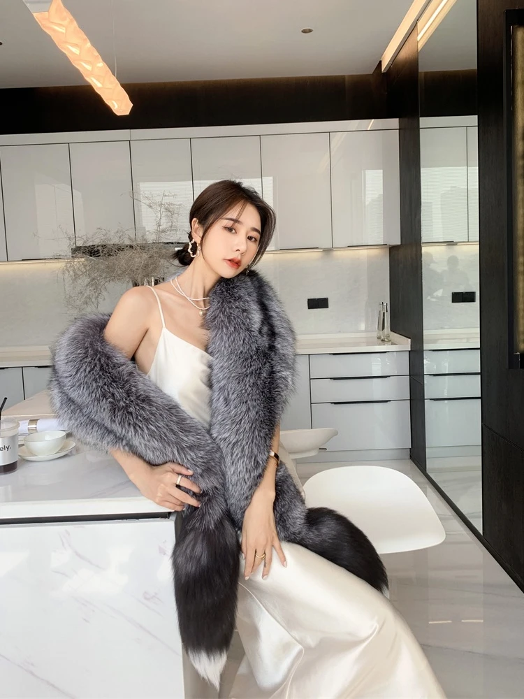 WGLUVF 2022 European and American whole fox fur shawl whole fur fur double-sided fur scarf men and women warm winter long scarf