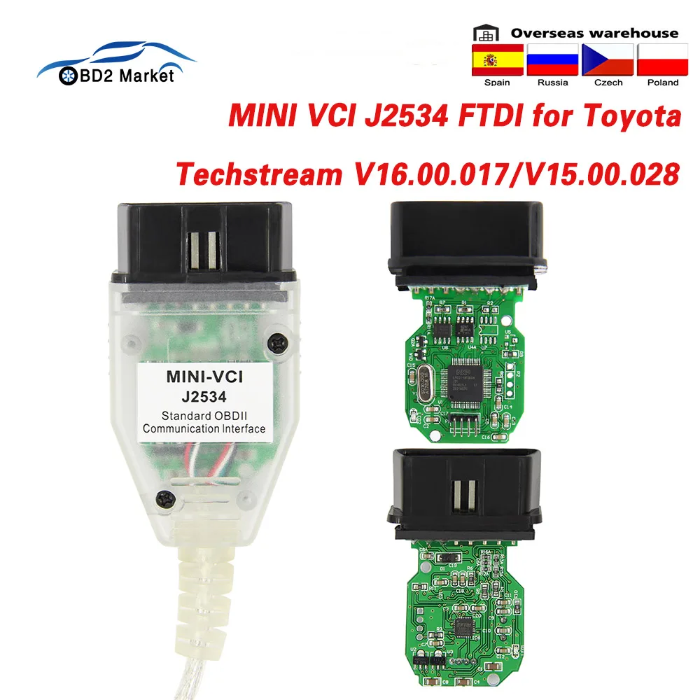 Мини-vci J2534 для Toyota Techstream V16.00.017 FTDI FT232RQ MINIVCI OBD 2 OBD2 Авто Диагностический кабель MINI-VCI