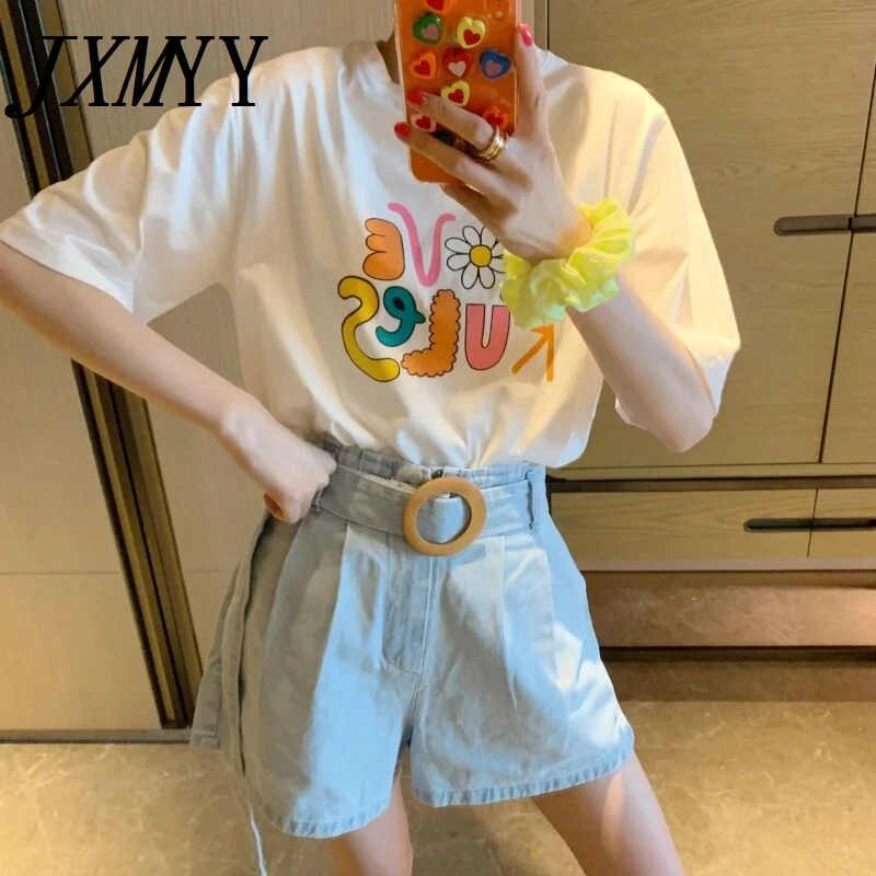 

JXMYY 2021 Summer Fashion New Products Round Buckle Thin Belt A-Line light Blue Washed Casual Loose Jeans Shorts Women
