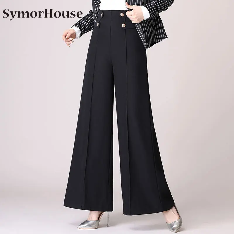 

Брюки женские с завышенной талией и широкими штанинами, офисные черные брюки, простые повседневные свободные прямые штаны, весна-осень