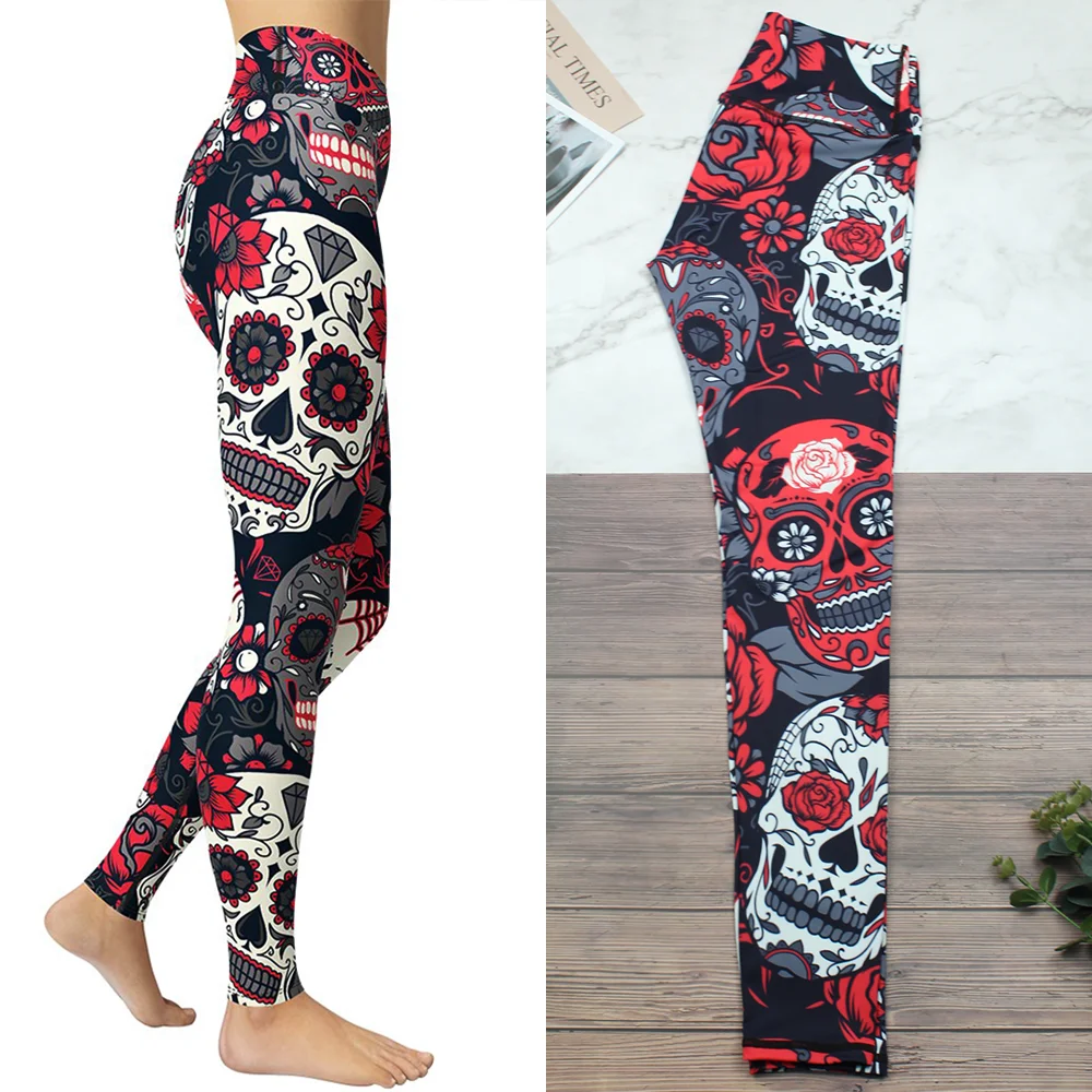 

Red Sugar Skull Leggings Women High Waist Sport Pants Fitness Sport Pants Running Clothing Trouser Workout Tummy Control Legging