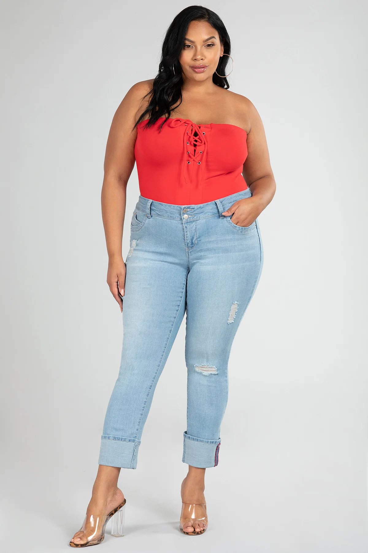 

Women ripped middle waist jeans pants high elastic pencil pants custom logo print on product and package from 1pc dropship