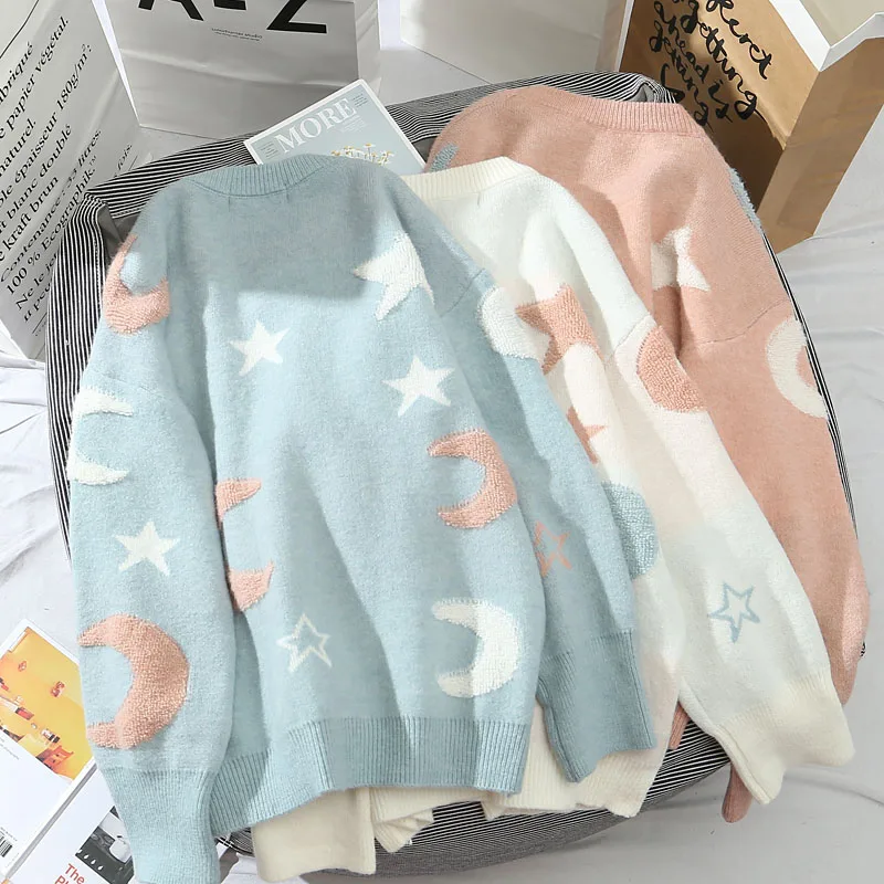 Осенние женские свитера в стиле Харадзюку со звездами и луной корейские