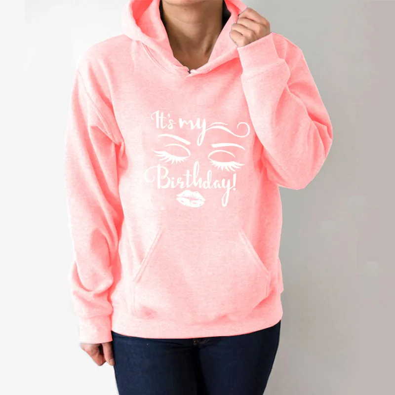 

It's My Birthday Face Printed Hoodies Women Fleece Long Sleeve Loose Sweatshirt with Hat Girls Women Hoodie PulloversWinter