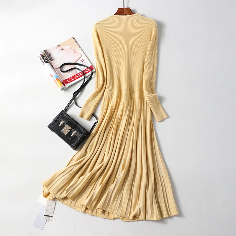 

Cotton Dress Pure Wool Autumn Half High Round Neck Waist Dress The Lower Body Is Pleated Elastic Waist Drawstring Pit Texture