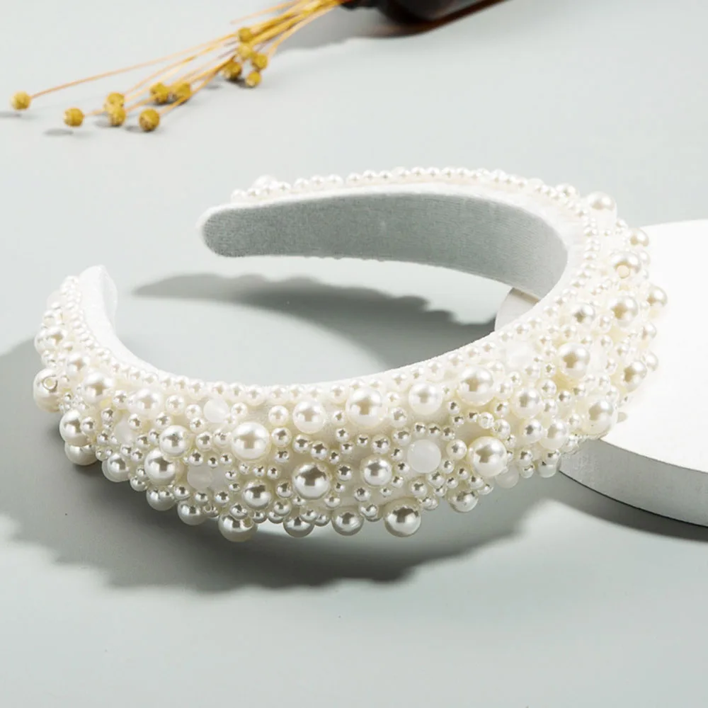 

Vintage Fashion Full Simulated Pearl Headband Woman Luxury Gypsophila Pearl Padded Thick Sponge Hair Band Headwear