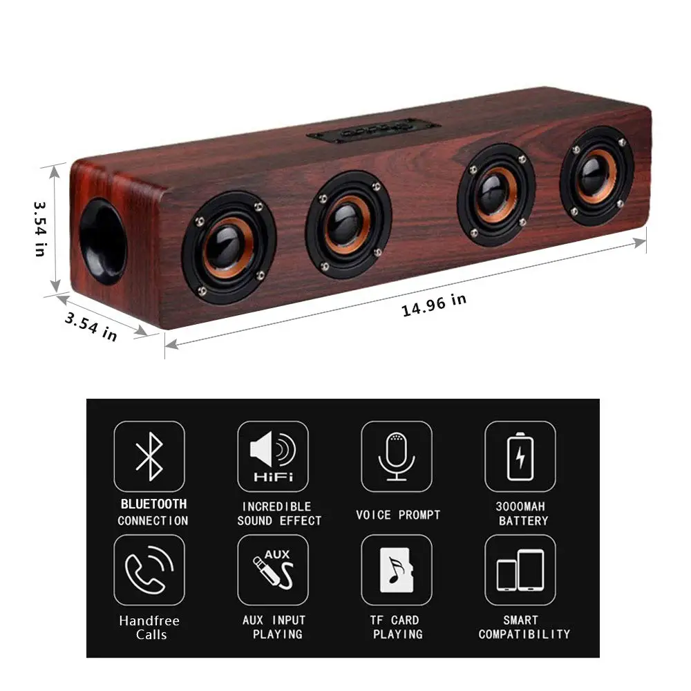Soundbar HiFi беспроводной деревянный Bluetooth динамик Настольный динамик Поддержка TF карты AUX Громкая связь аудио для книжной полки телефона дома