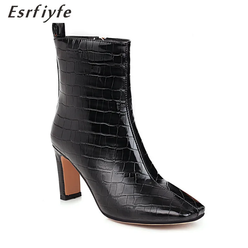 

ESRFIYFE 2020 New Fashion Large Size 34-48 Stone Grain Ankle Boots High Heel Square Toe Shoes Woman Autumn Winter Party Boots