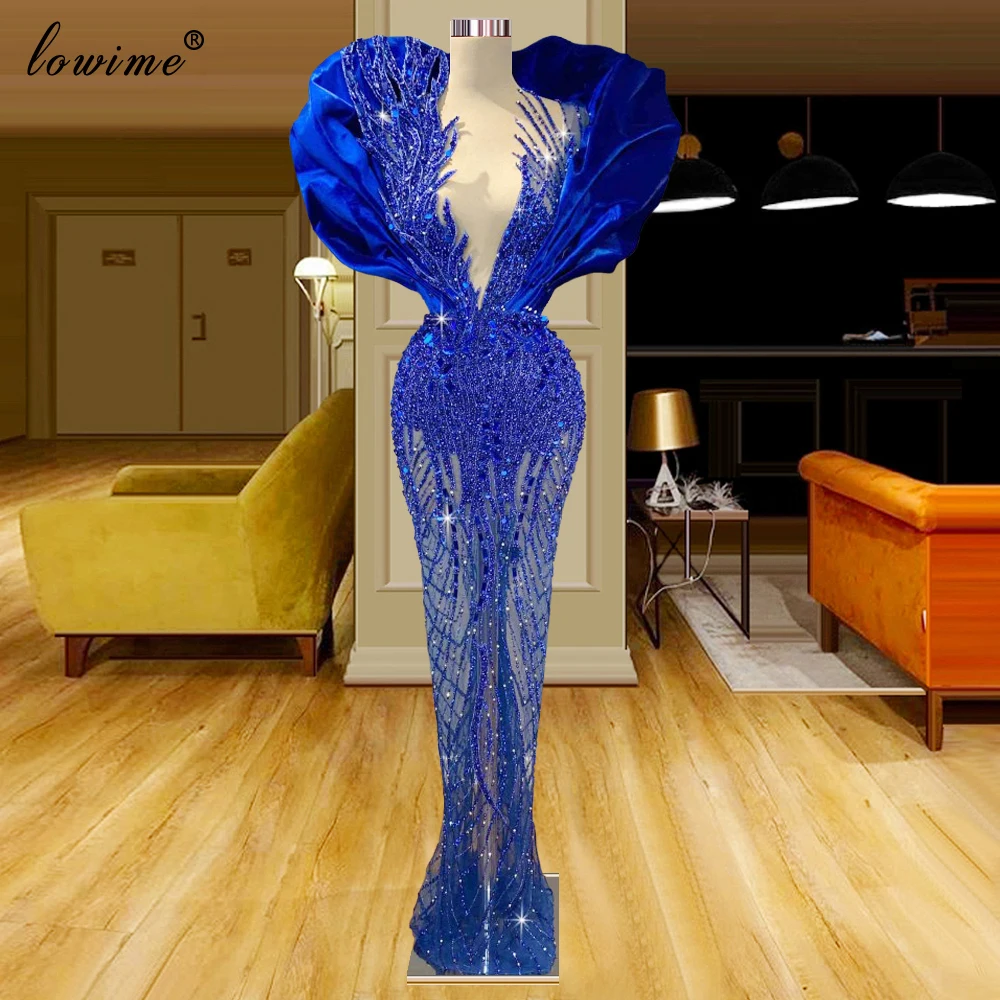 

New Designed Royal Blue Evening Dresses Long Sparkly Sequins Evening Gowns Pearls Celebrity Dresses For Women Fashion Week Dress