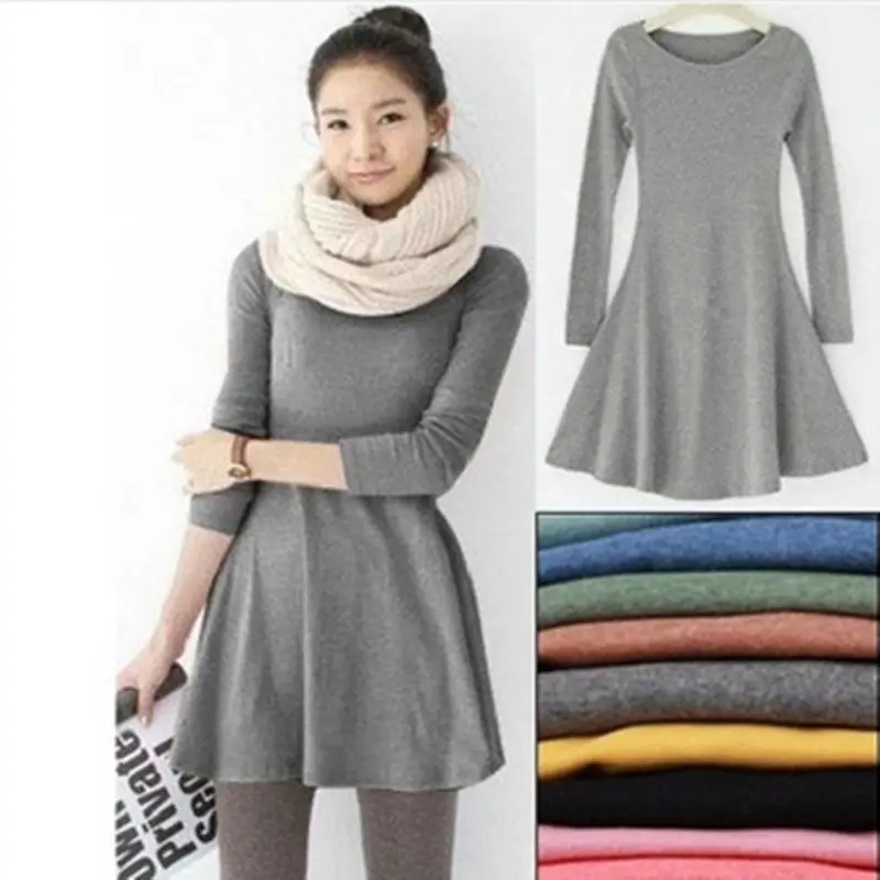 

Spring-winter Dress In Brushed Cotton with Long Sleeves, Round Neck, 100%