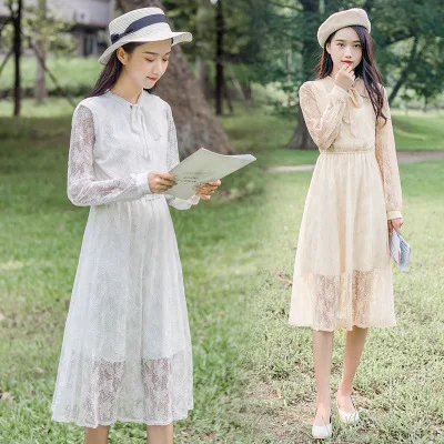 

Summer autumn and winter new women's fashion temperament waist small fresh French romantic literary style lace dress