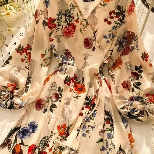 

Retro Print Puff Long Sleeve Vestido Chi V Neck Slim Waist Lace Up A Line Dress Holiday Beach Elegant Spring Autumn Ropa