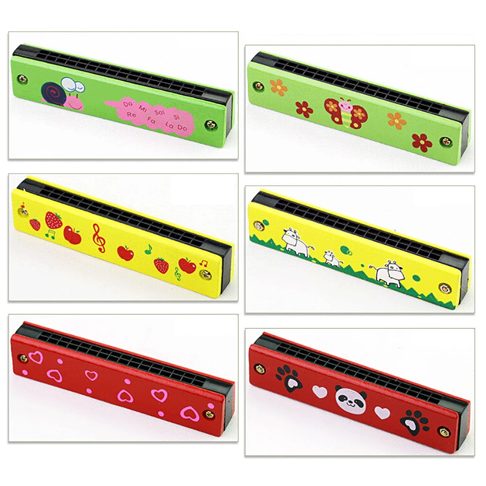 Wooden 16 Hole Fruit Pattern Harmonica Musical Instrument Educational Kids Toy New