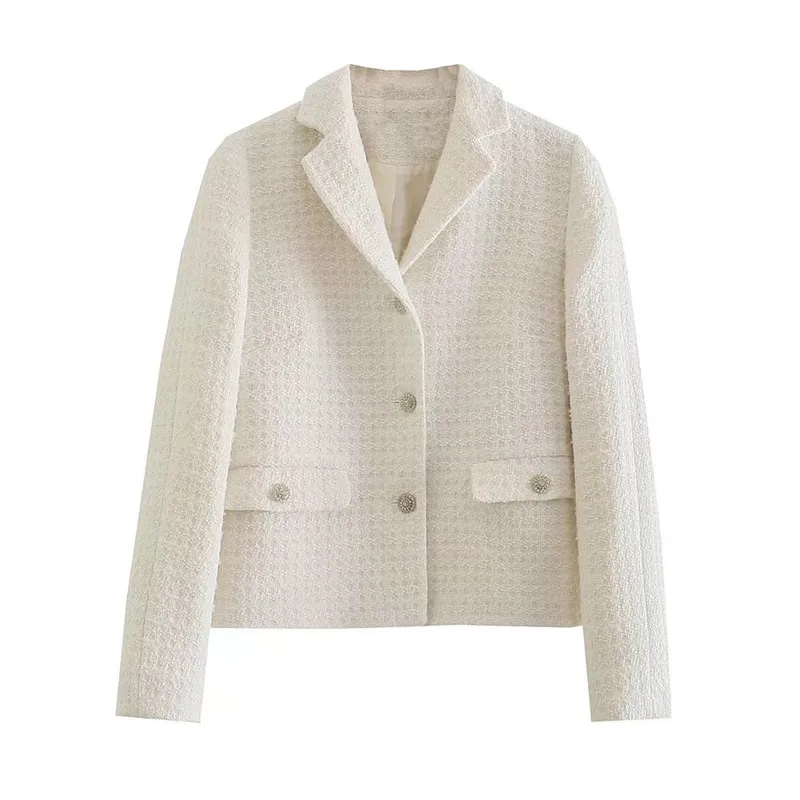 

Женский короткий Блейзер на пуговицах ZA, текстурированный винтажный пиджак с длинными рукавами и драгоценными камнями, Укороченное пальто ...