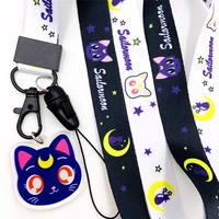 kawai cute black white cat pink purple pattern neck wrist strap for mobile phone lanyard camera usb id badge keys hang rope