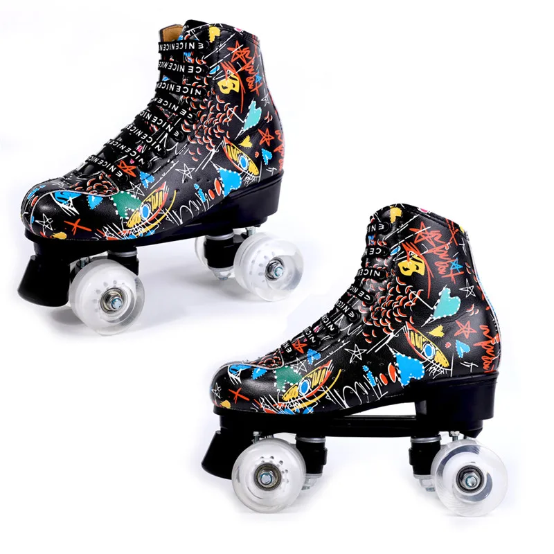 Graffiti Microfiber Roller Skates Double Line Skates Women Men Adult Two Line Skating Shoes with White PU 4 Wheels Training