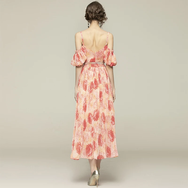 

Pleated Dress Womens Spring Summer Maxi Long Chiffon Printing Flared Sling Elegant Beach Dress Vestidos