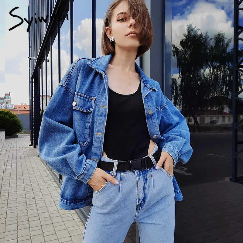 

Syiwidii Blue Jean Denim Jacket Women Oversized Coat Fall 2021 Winter Casual Designer Big Pocket Single Breasted Outwear Tops