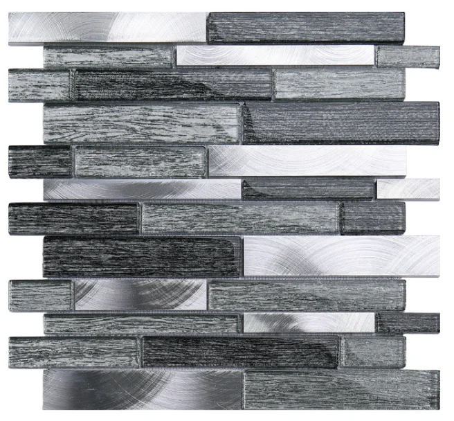 

Interlocking Black Gray Glass Mosaic Kitchen Tile Silver Metal Aluminum Bathroom Wall Tiles FT007