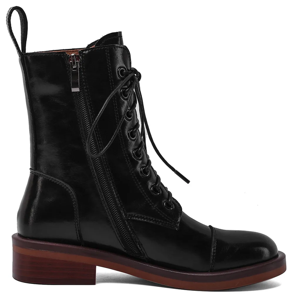 Jual Insicree Sepatu Bot Pergelangan Kaki Kualitas Tinggi Wanita Renda Depan Ritsleting Kulit Asli Ujung Jari Bulat Sepatu Hak Persegi Rendah Semua Cocok
