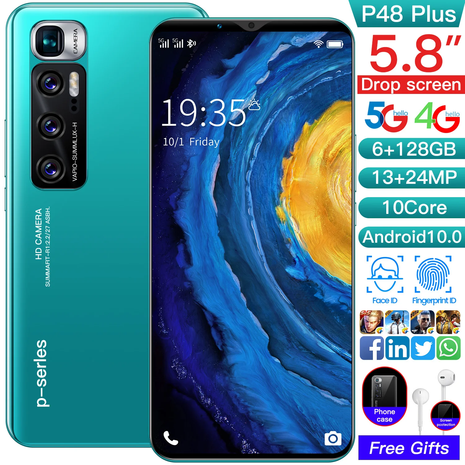 

Global Version P48 Plus 5.8 Inch 6+128GB Dual SIM Fingerprint Unlock 13+24MP Andriod 10 Smartphones 4800mAh 5G MTK6799 Cellphone