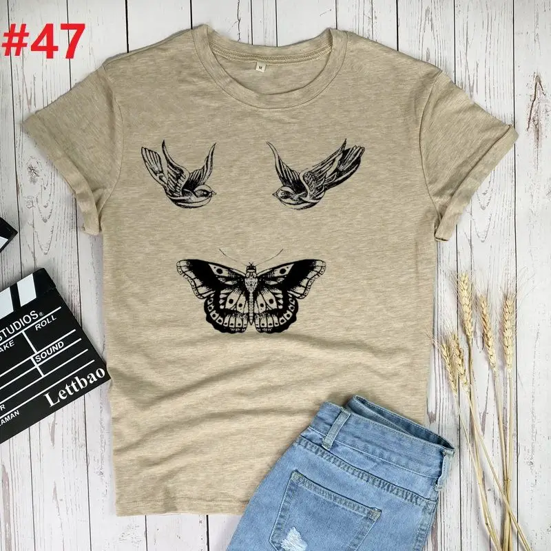 

Sparrow Butterfly Bird Women Clothing Fashion 90s Short Sleeve Summer Clothes Print Tshirt Female Tee Top Graphic T-shirt