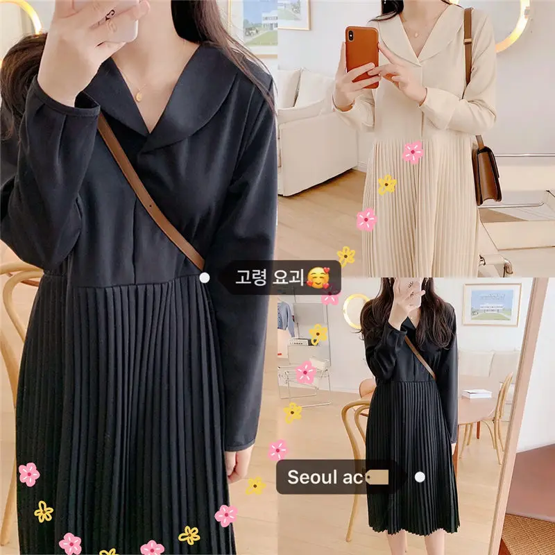 

Весна 2020 женское модное корейское платье большого размера с длинным рукавом однотонное повседневное плиссированное платье средней длины ж...