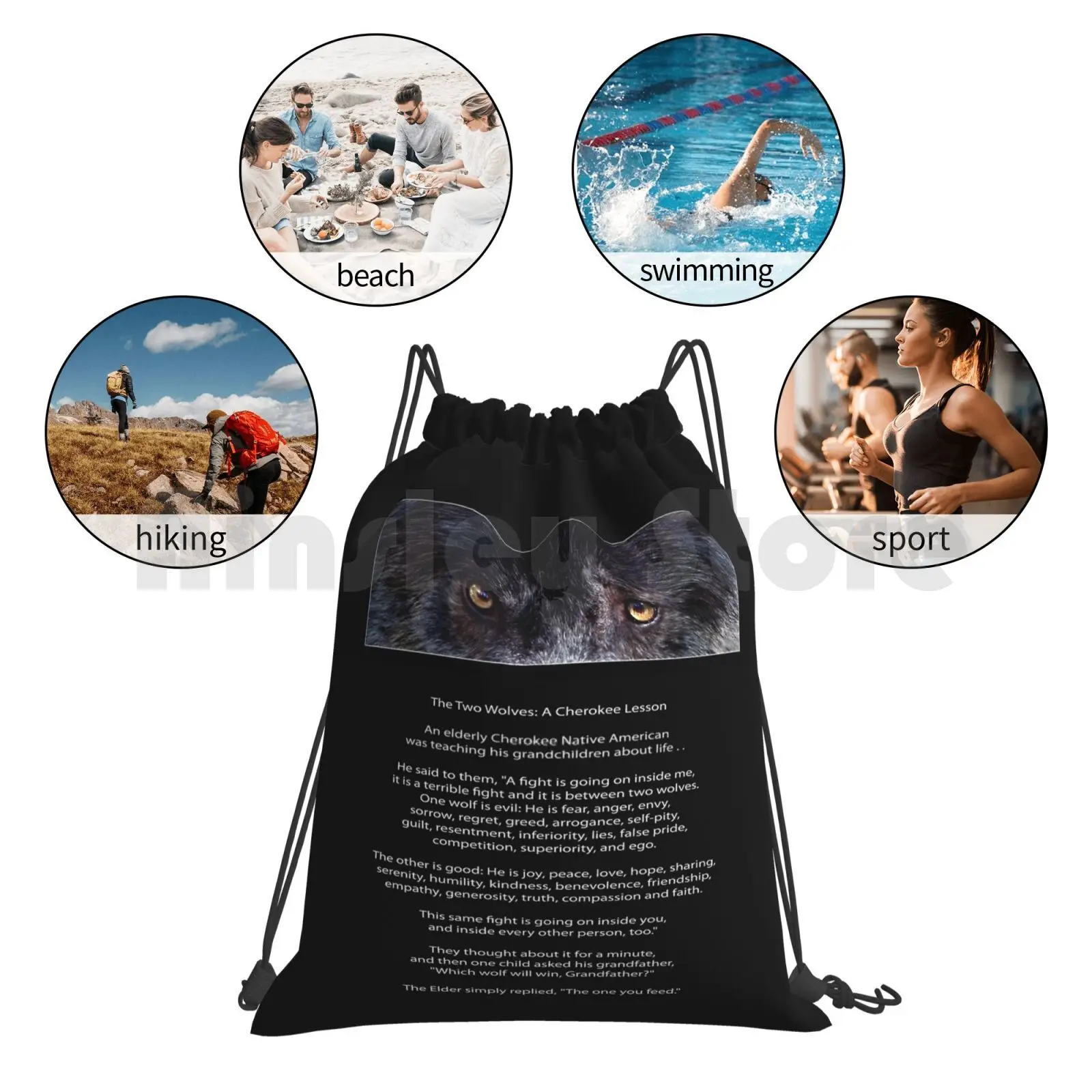 

Wolf Eyes " The Two Wolves Cherokee Tale Backpack Drawstring Bags Gym Bag Waterproof Wolf Wolf Legend Wildlife Animals