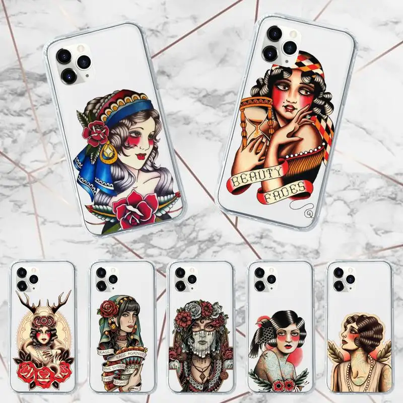 

old school tattoo art Cool Phone Case Transparent for iPhone 7 8 11 12 13 mini pro X XS XR MAX Plus