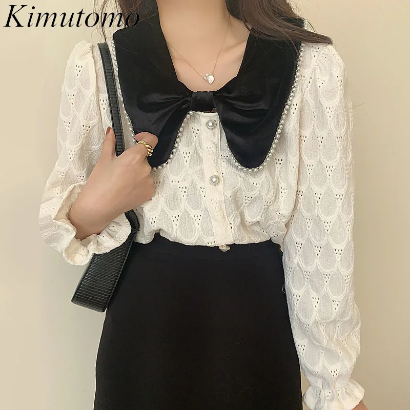 

Шикарная женская рубашка Kimutomo, новинка весны 2022, с бантом, кукольный воротник, украшенный жемчугом, однобортная ажурная Свободная блузка с д...