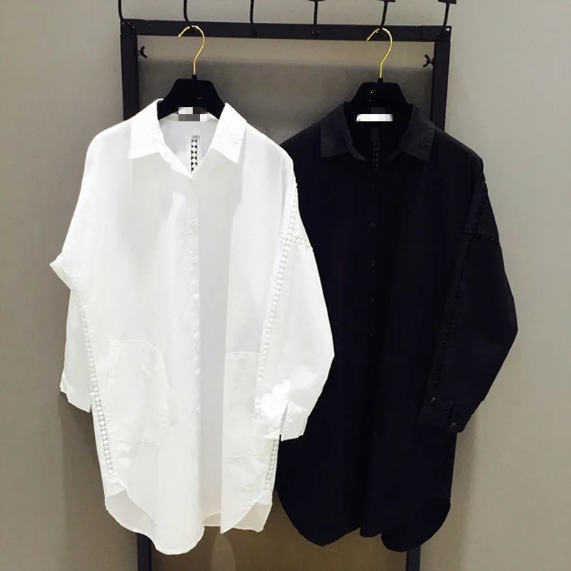 [EWQ] Spring Summer New Pattern Lapel Long Sleeve Solid Patchwork Single Breasted Hollow Out Casual Shirt Women AG81501