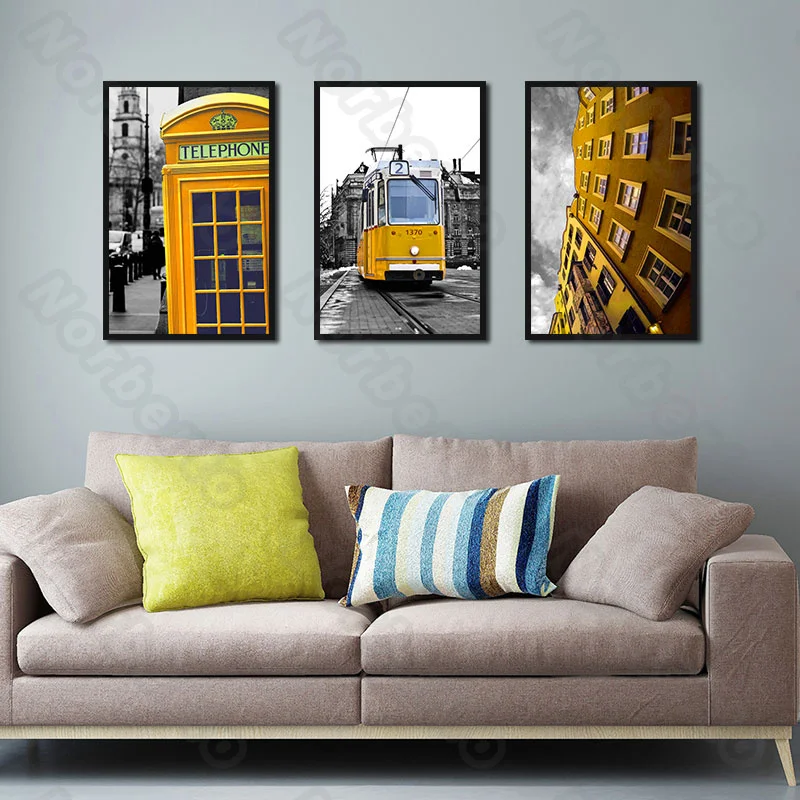 

Retro and Nostalgic Pictures Canvas Painting Wall Poster Yellow Telephone Boosts Electric Bus Building for Home Rooms Decoration