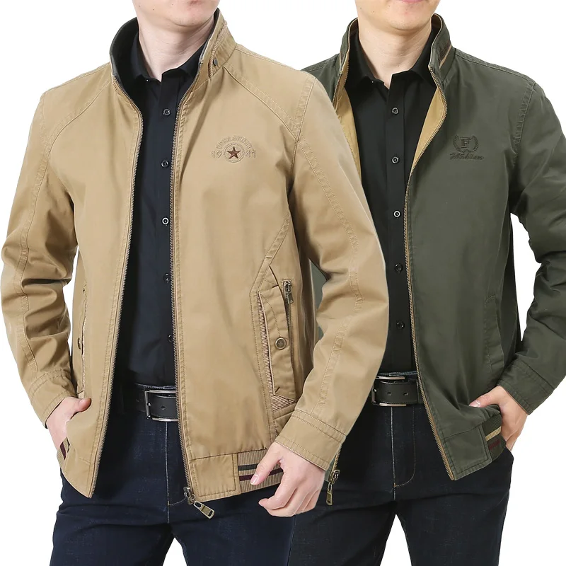 Men's Stand-Up Collar Cotton Double-Sided Wear Jacket Spring Autumn Middle-Aged Men Casual Plus Size 4XL Military Jacket Coats