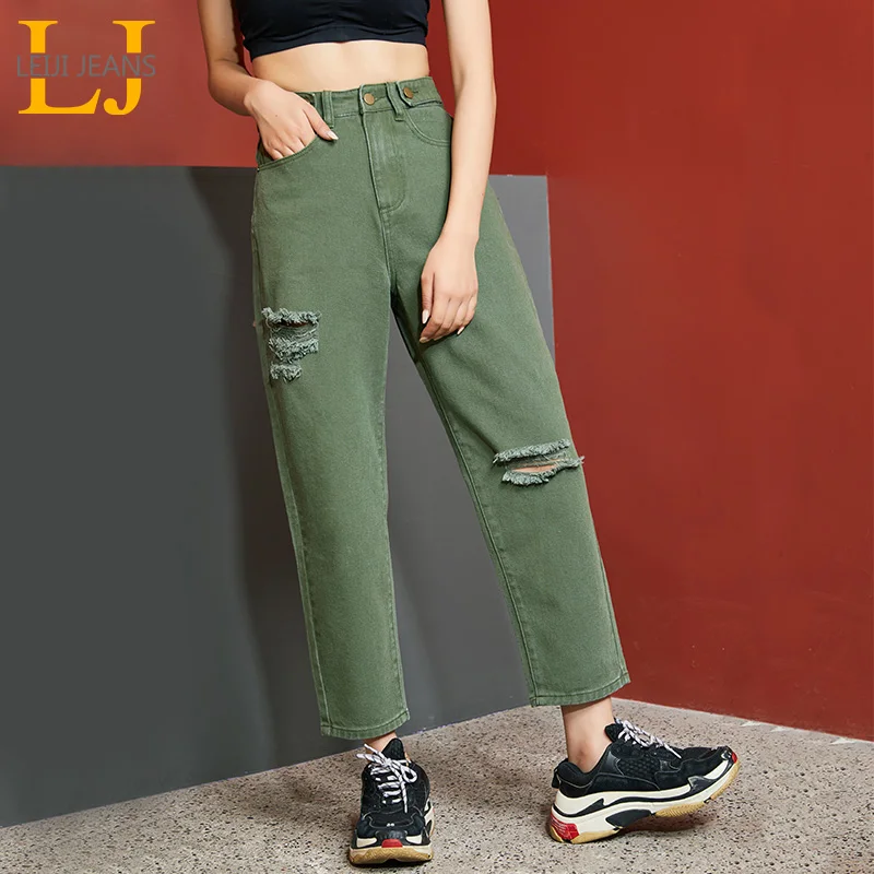 Женские свободные джинсы LEIJIJEANS, модные рваные джинсы с высокой посадкой большого размера, популярная модель трех цветов на выбор