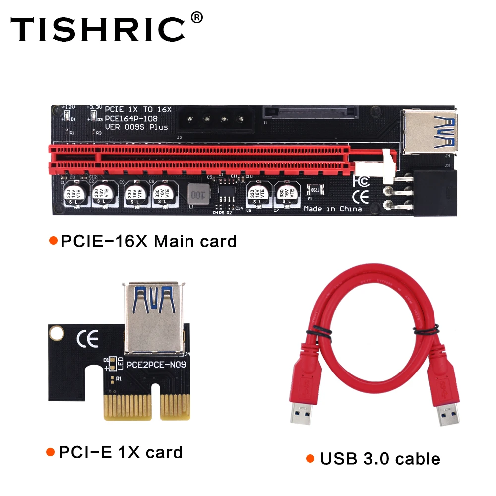

50pcs TISHRIC PCI-E Riser 009s Plus Card PCIE PCI E Express GPU X16 USB 3.0 6pin SATA Adapter Cable Mining Riser For Video Card