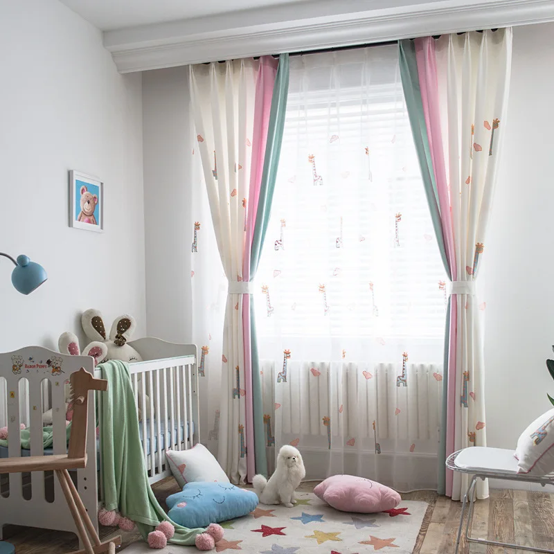 

Pink Blue Giraffe Tulle Children's Room Curtain Bedroom Blackout Cartoon Curtain Finished Product Customization