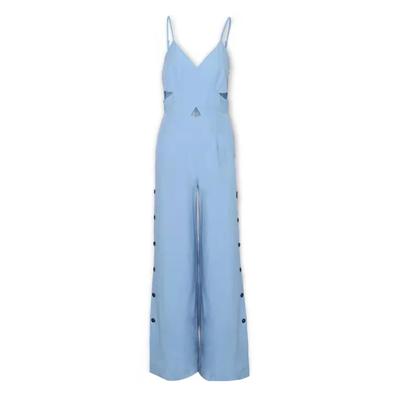 

Women Elegant Workwear Jumpsuits Sleeveless Hollow Out Overalls Sexy Crisscross Spaghetti Strap V-Neck Button Slit Side Jumpsuit