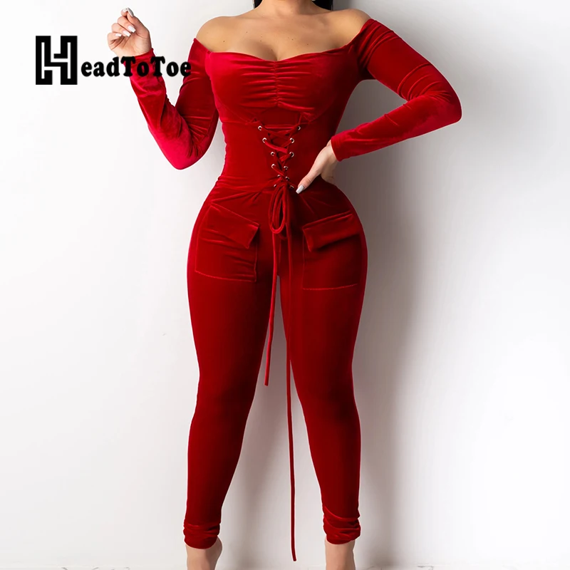 

Solid Lace Up Off Shoulder Slash Neck Skinny Rompers Womens Jumpsuit Sexy Casual One Piece Overalls Jumpsuit Party Clubwear