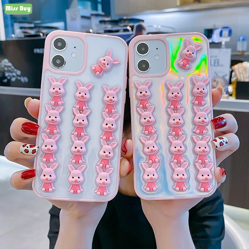 

Transparent Soft Case For iPhone 12 11 Pro Max X XS XR Xs Max 7 8 Plus 3D Cartoon Pink Pig High TPU Edge Color Back Covers Shell