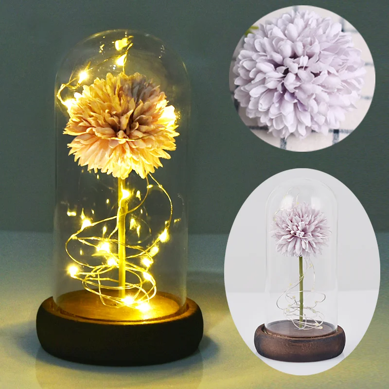 Purple Dandelion Красота и чудовище, искусственные цветы, вечная Золотая фольга, роза, светодиодный светильник, стеклянный купол, ночник, подарок на день рождения для девочек - Цвет: Purple Dandelion