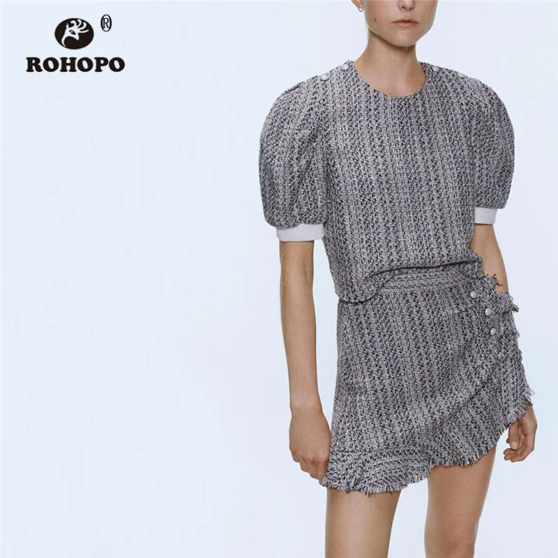 ROHOPO твидовая юбка осенние жемчужные пуговицы драпированные спереди кисточкой