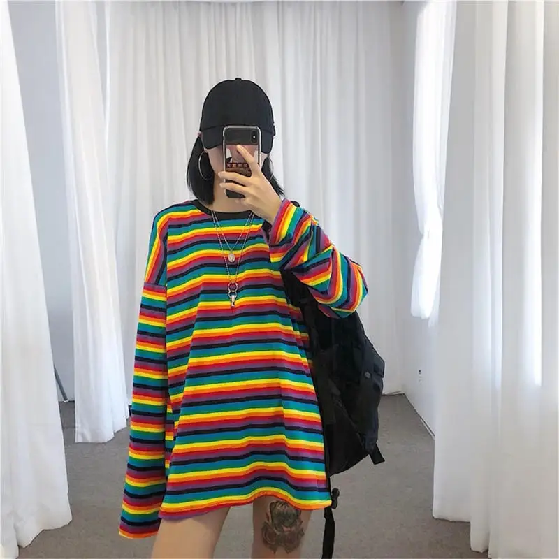 Радужная полосатая футболка осень зима Толстовка Harajuku футболка большого размера корейский женская повседневная женская одежда