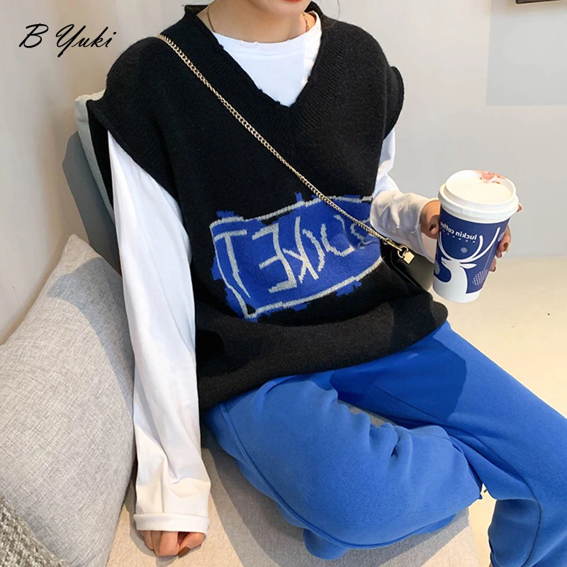 

Blessyuki Letter Printing Vest Sweater Women Autumn Winter New Oversized Loose V-neck Knitted Sweater Female Sleeveless Vest Top