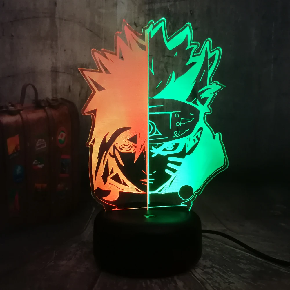Японское аниме Uzumaki Naruto Uchiha Sasuke 3D светодиодный светильник с оптической иллюзией