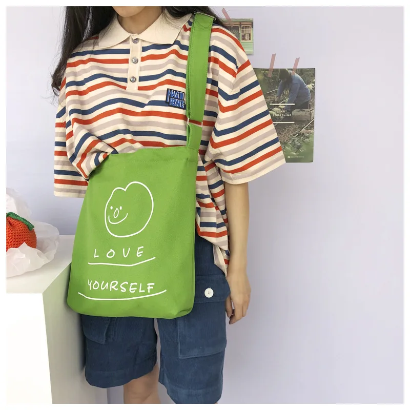 

Зеленая хлопчатобумажная холщовая Экологически чистая Сумка-книжка для студентов через плечо с одним ремешком и улыбающимся лицом CYB84b